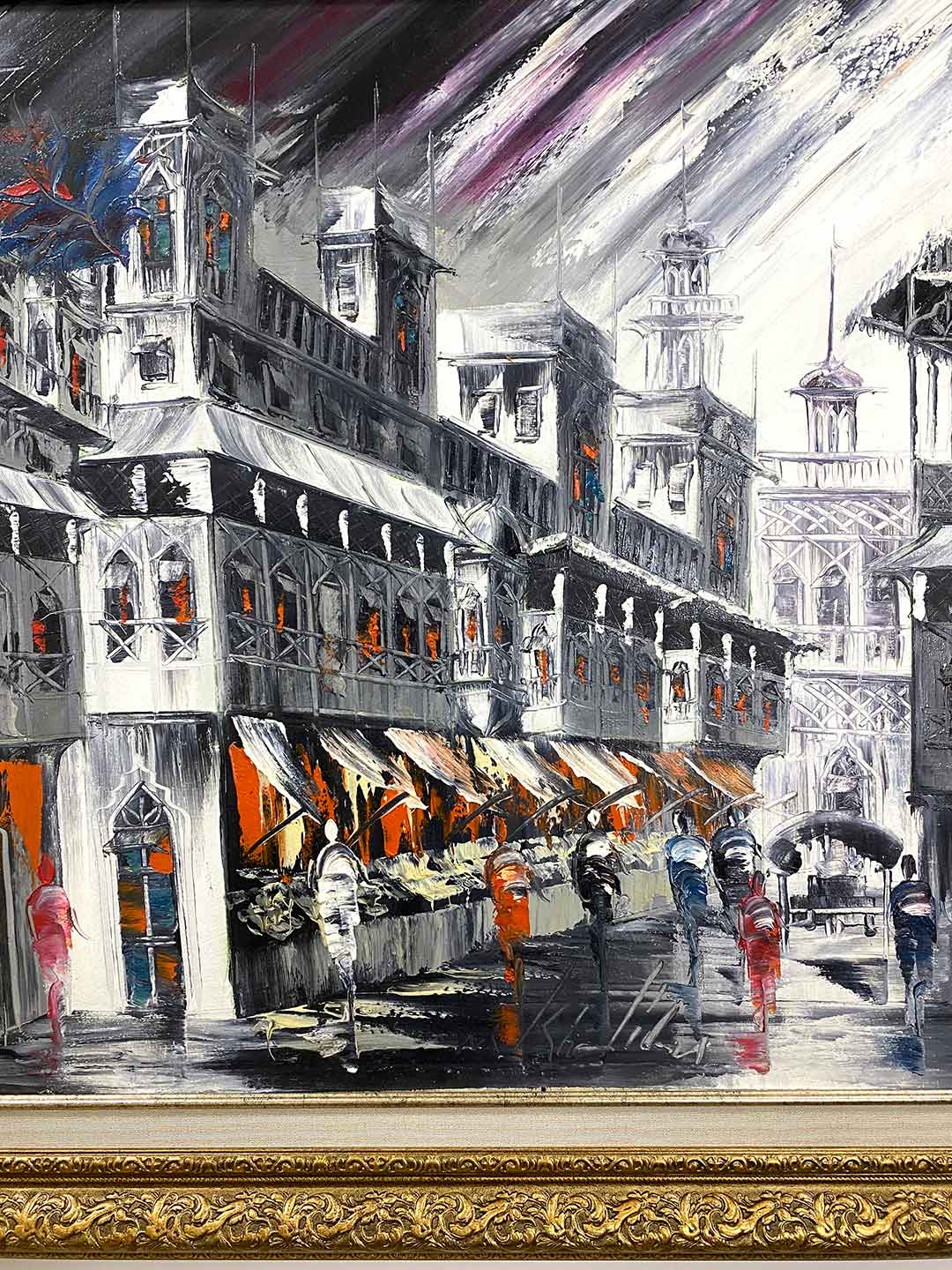 Black and White with sharp color City Street View Lahore Palette knife painting