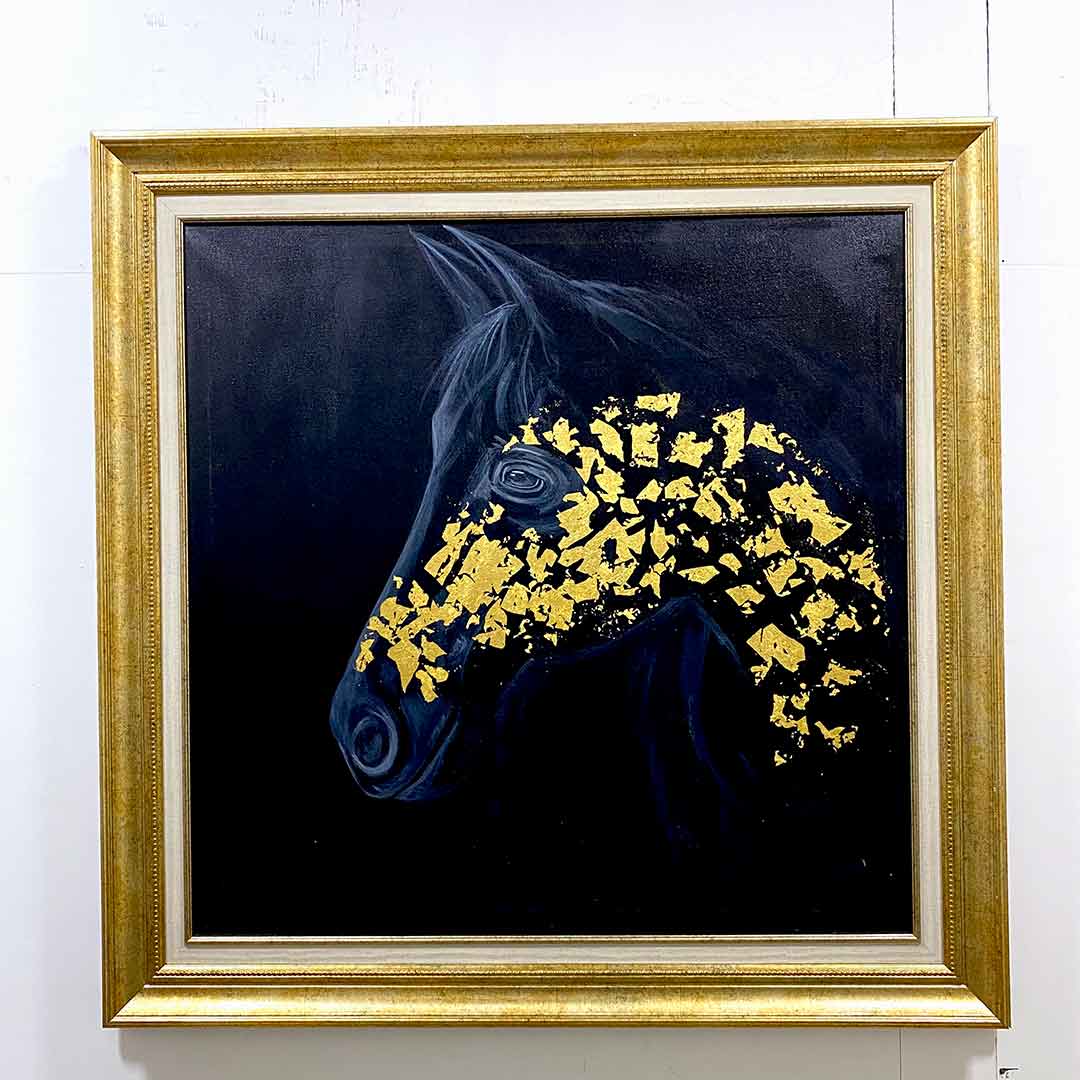 Arabian Black Horse Painting with gold Leafing- Antique Italian Mould