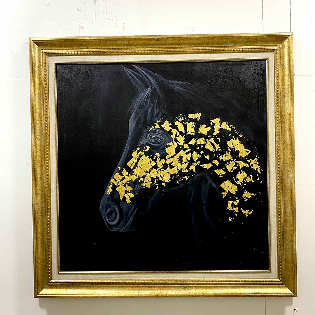 Arabian Black Horse Painting with gold Leafing- Antique Italian Mould