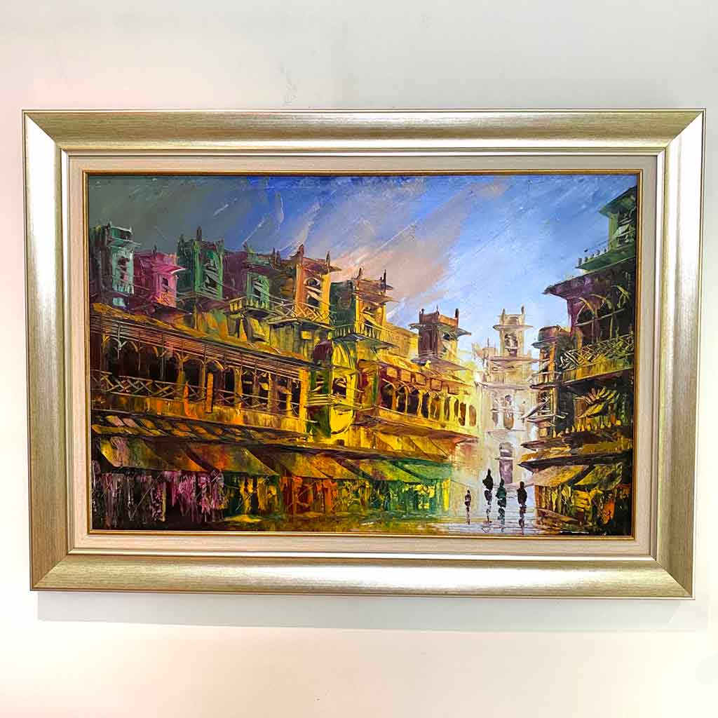 Old City Palette Knife Painting With Antique Silver Moulding & Gold Inner Border