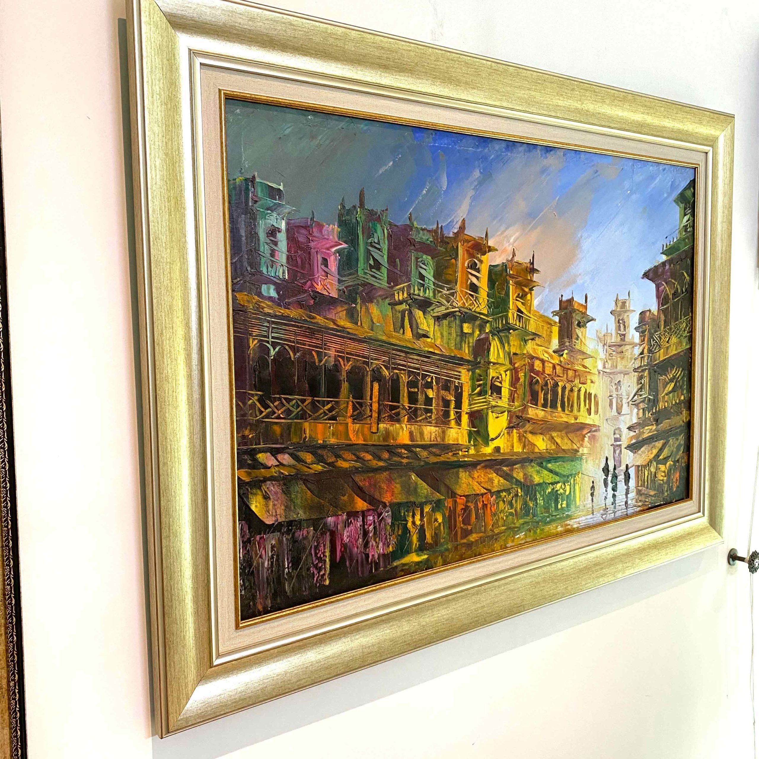 Old City Palette Knife Painting With Antique Silver Moulding & Gold Inner Border