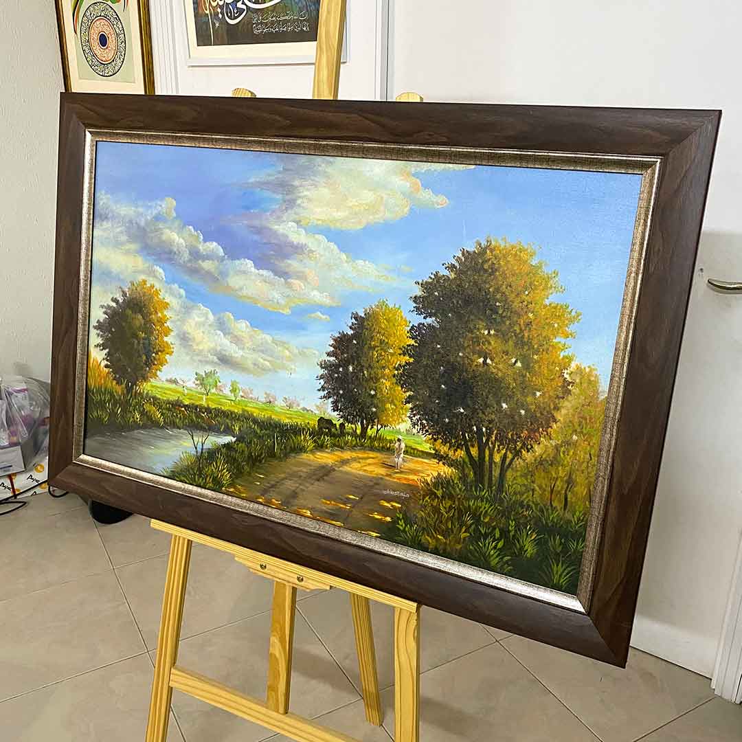 Handmade Landscape painting village Pakistan on Canvas