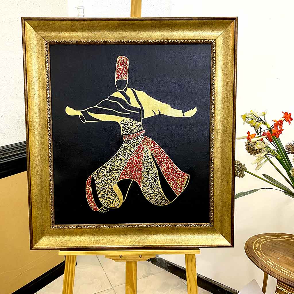 Whirling Dervaish - Sufi painting Black Background and Gold Leaf on Canvas