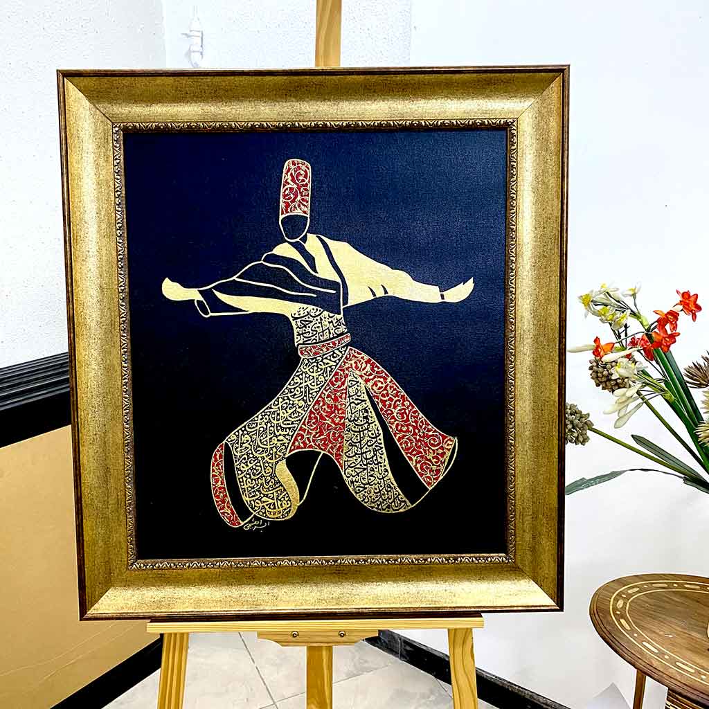 Whirling Dervaish - Sufi painting Black Background and Gold Leaf on Canvas