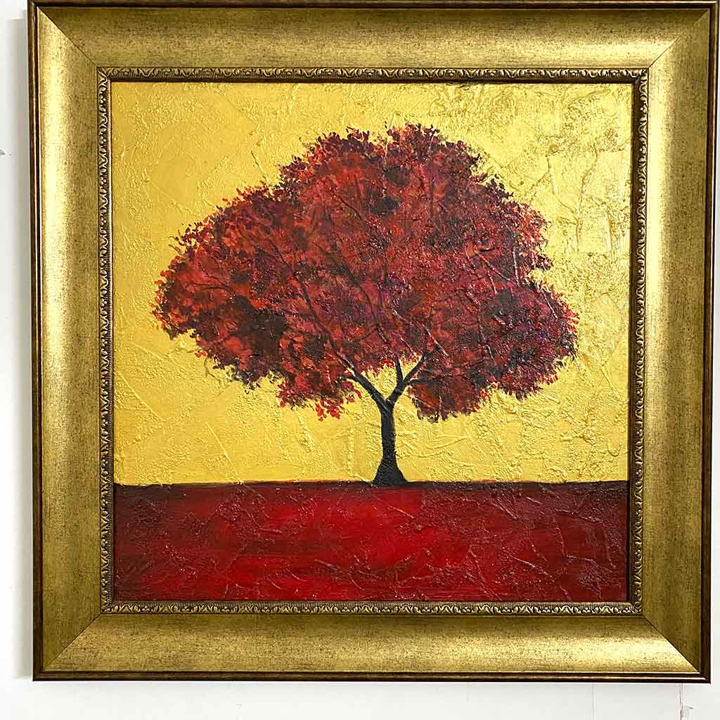 Red tree with gold leaf Painting-Handmade