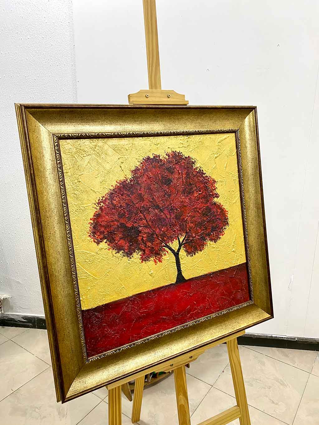 Red tree with gold leaf Painting-Handmade