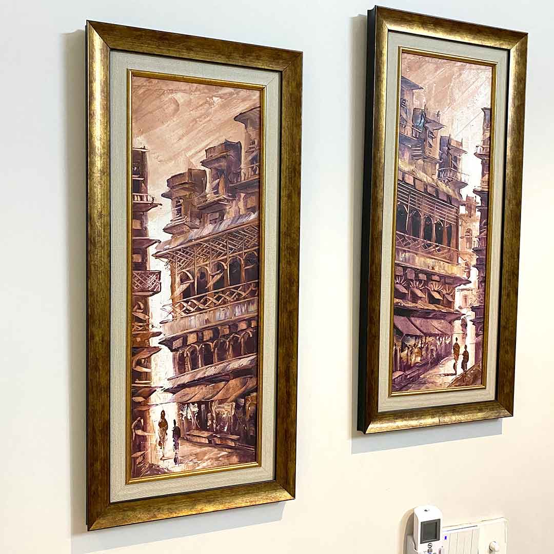 Set of Two Handmade Abstract Old City Oil Painting on Canvas