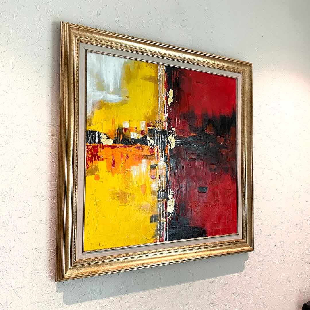 Hand Painted Acrylic Painting,Square Palette Knife Contemporary Art,Big Painting,Yellow,Red,Orange,Grey