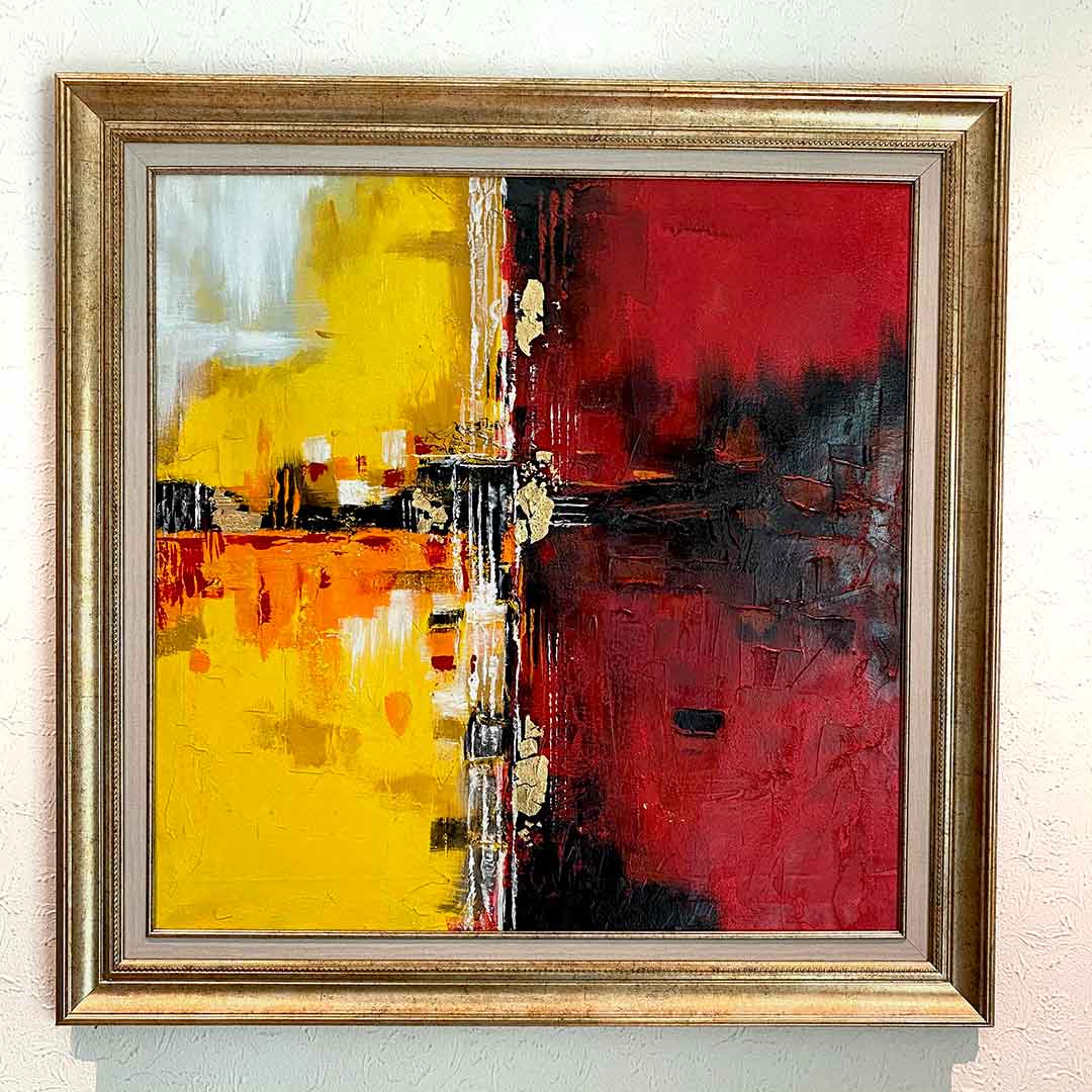 Hand Painted Acrylic Painting,Square Palette Knife Contemporary Art,Big Painting,Yellow,Red,Orange,Grey