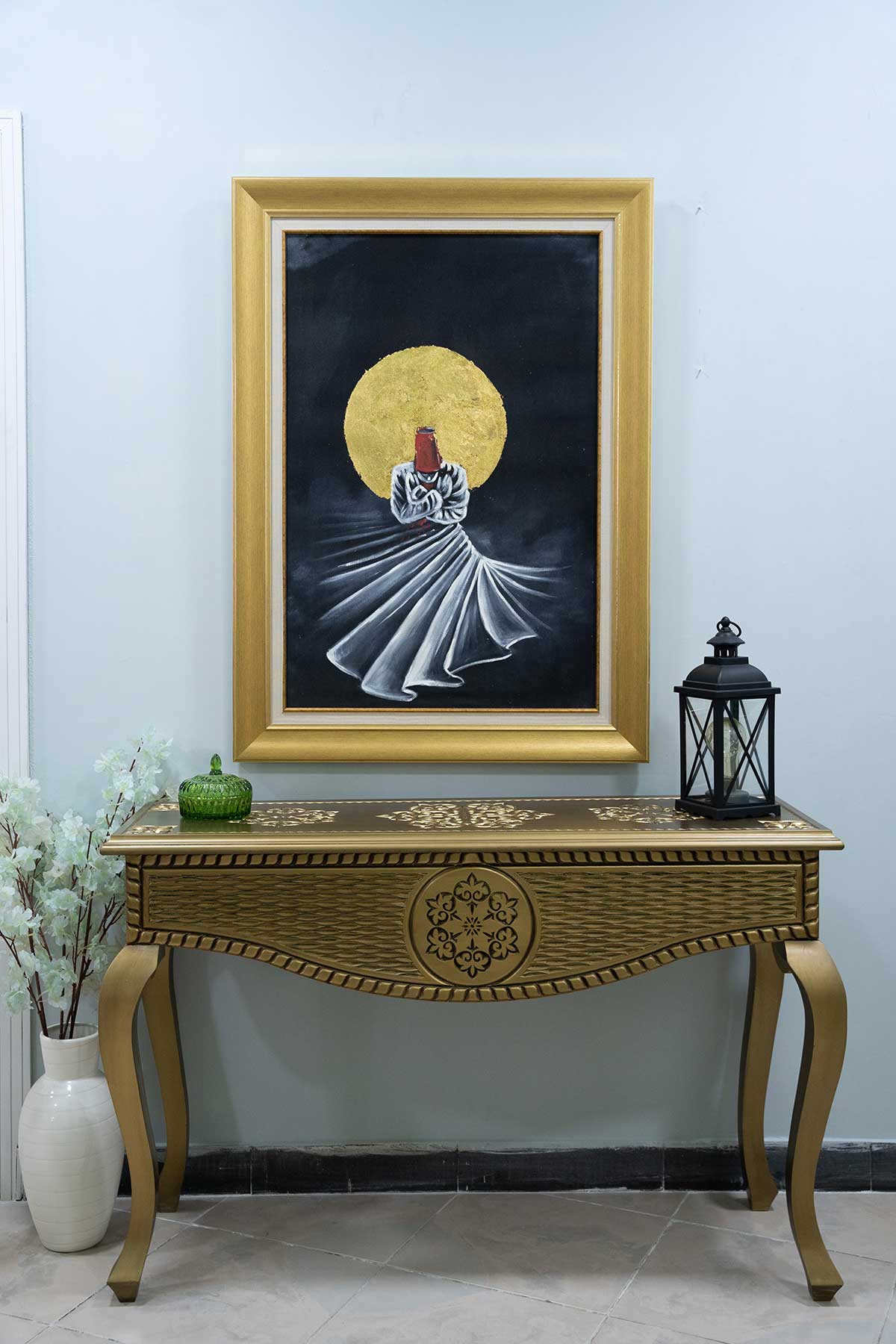 Whirling Dervish/Sufi  Gold leaf with Deep Black Background Painting on Canvas