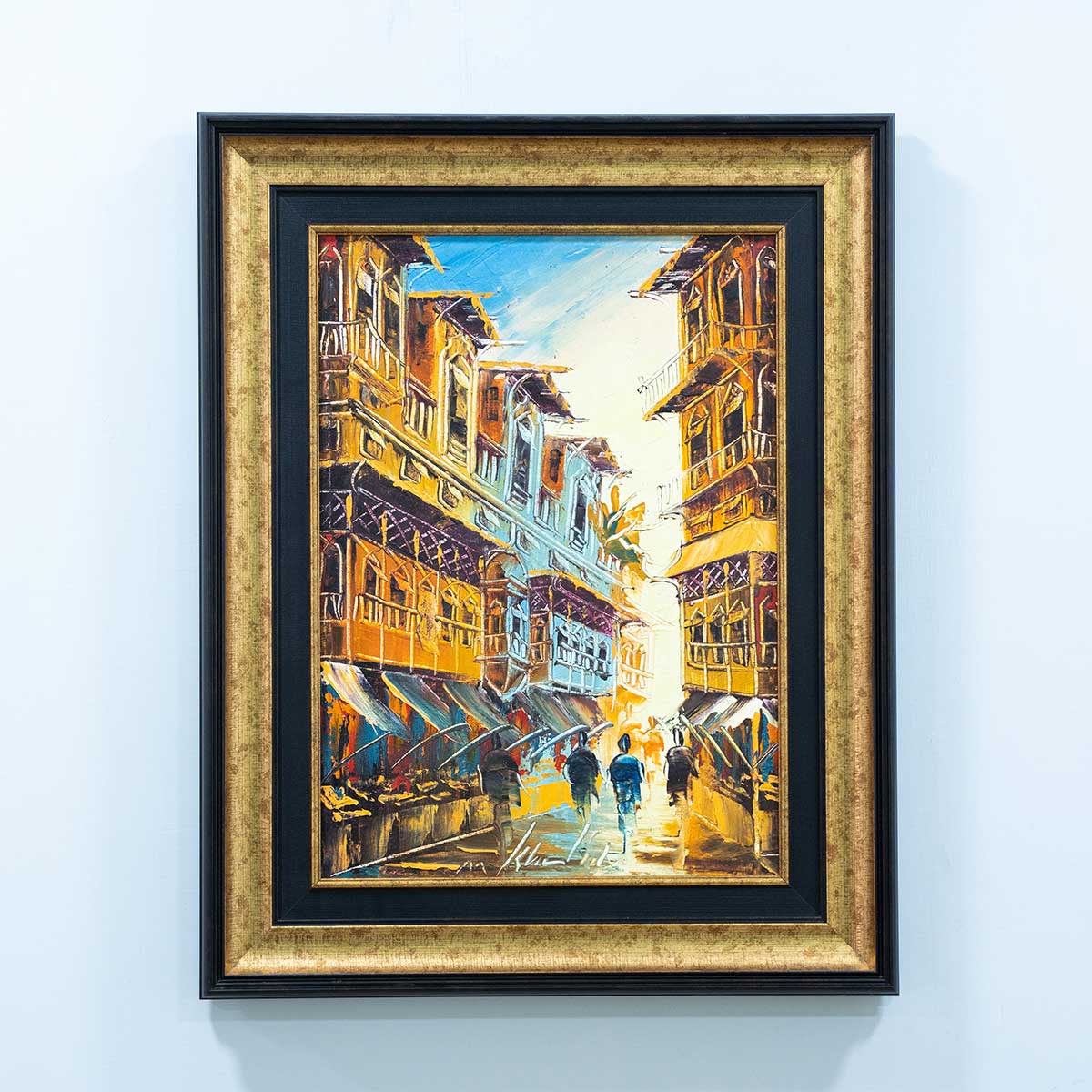 Old City Painting with Italian Antique  Gold Moulding and Black Liner