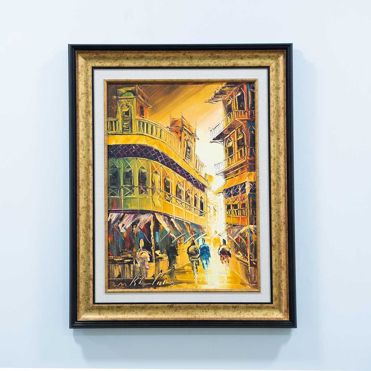 Old City Painting with Italian Antique  Gold Moulding and Liner