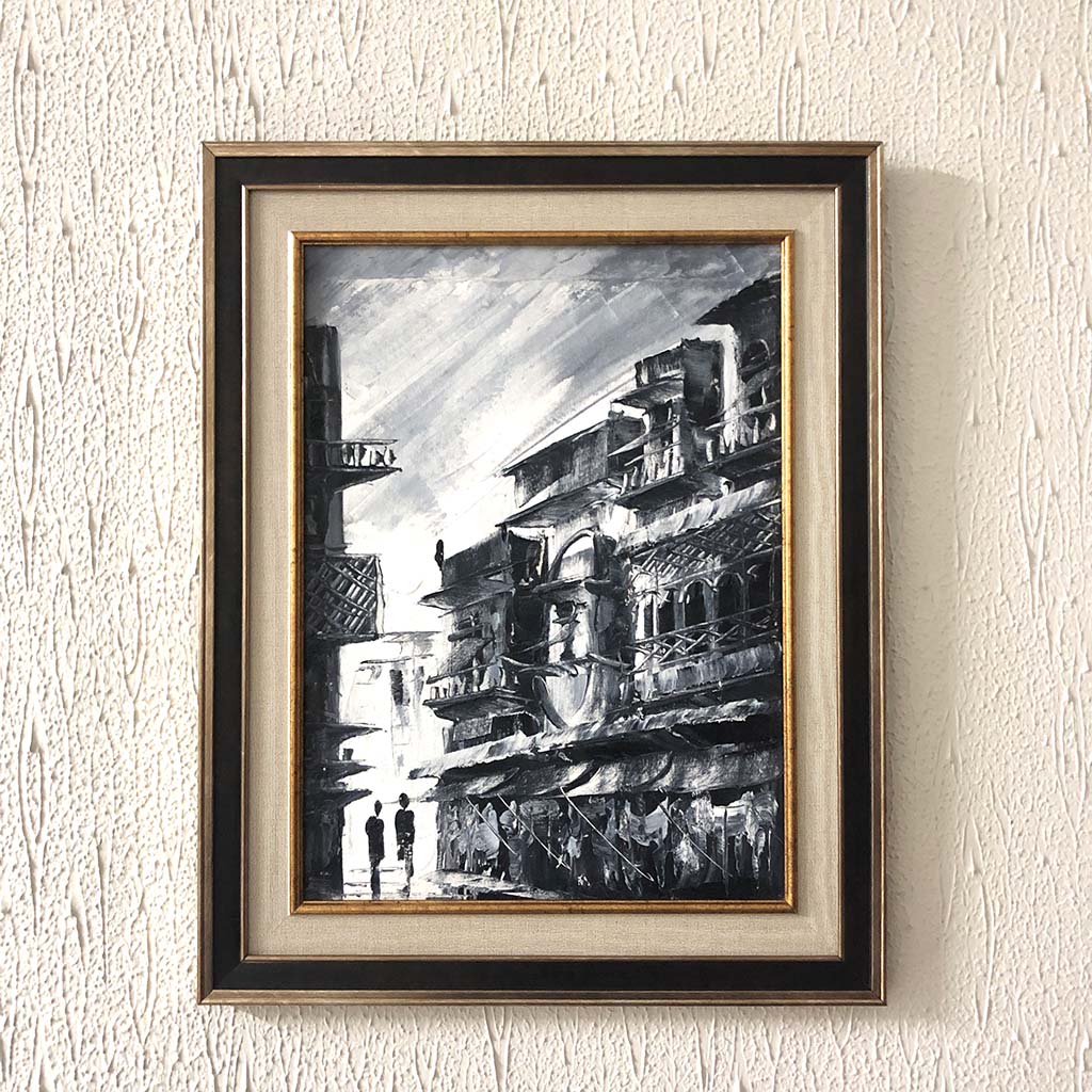 Old City Oil Painting Black