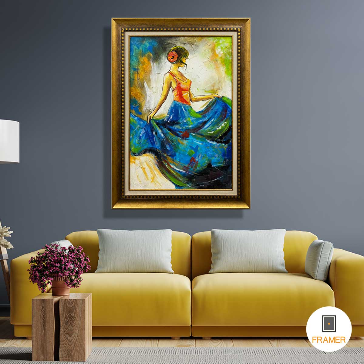 Modern-Art Oil Painting on Canvas with Antique Gold Italian Frame