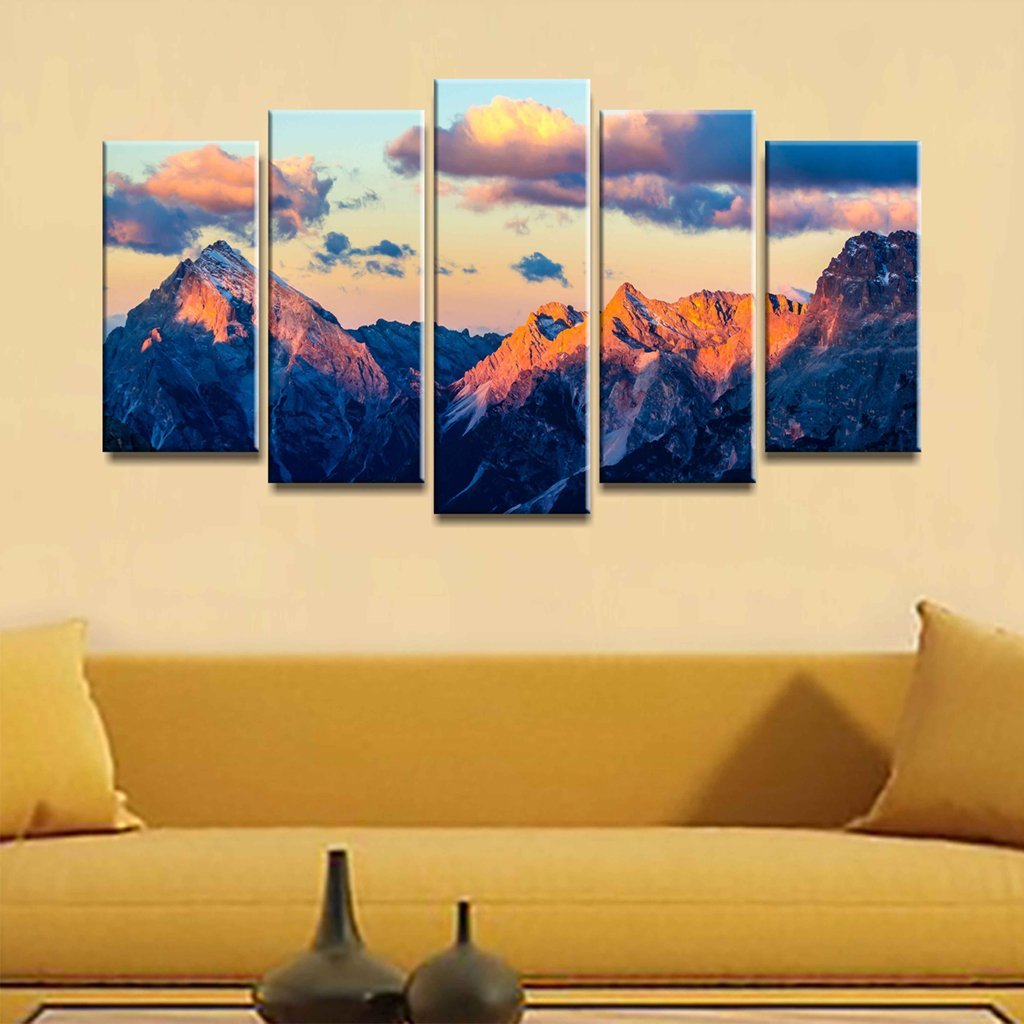 5 Panels Mountain peaks sunset landscape. Sunset mountain landscape