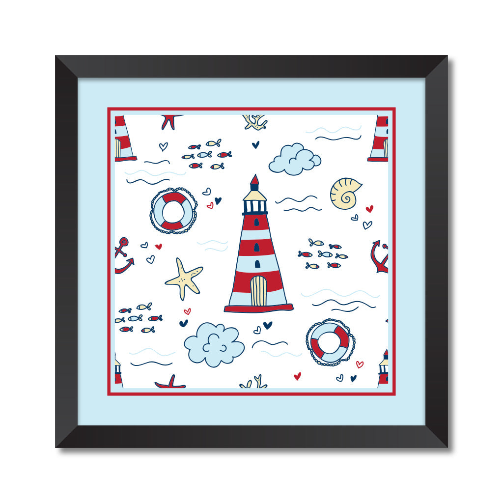 Nautical seamless pattern with lighthouse in cartoon