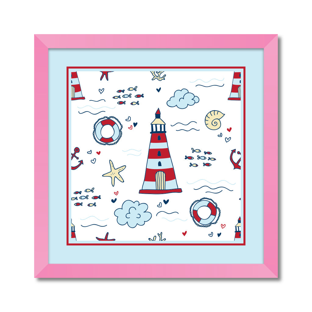 Nautical seamless pattern with lighthouse in cartoon