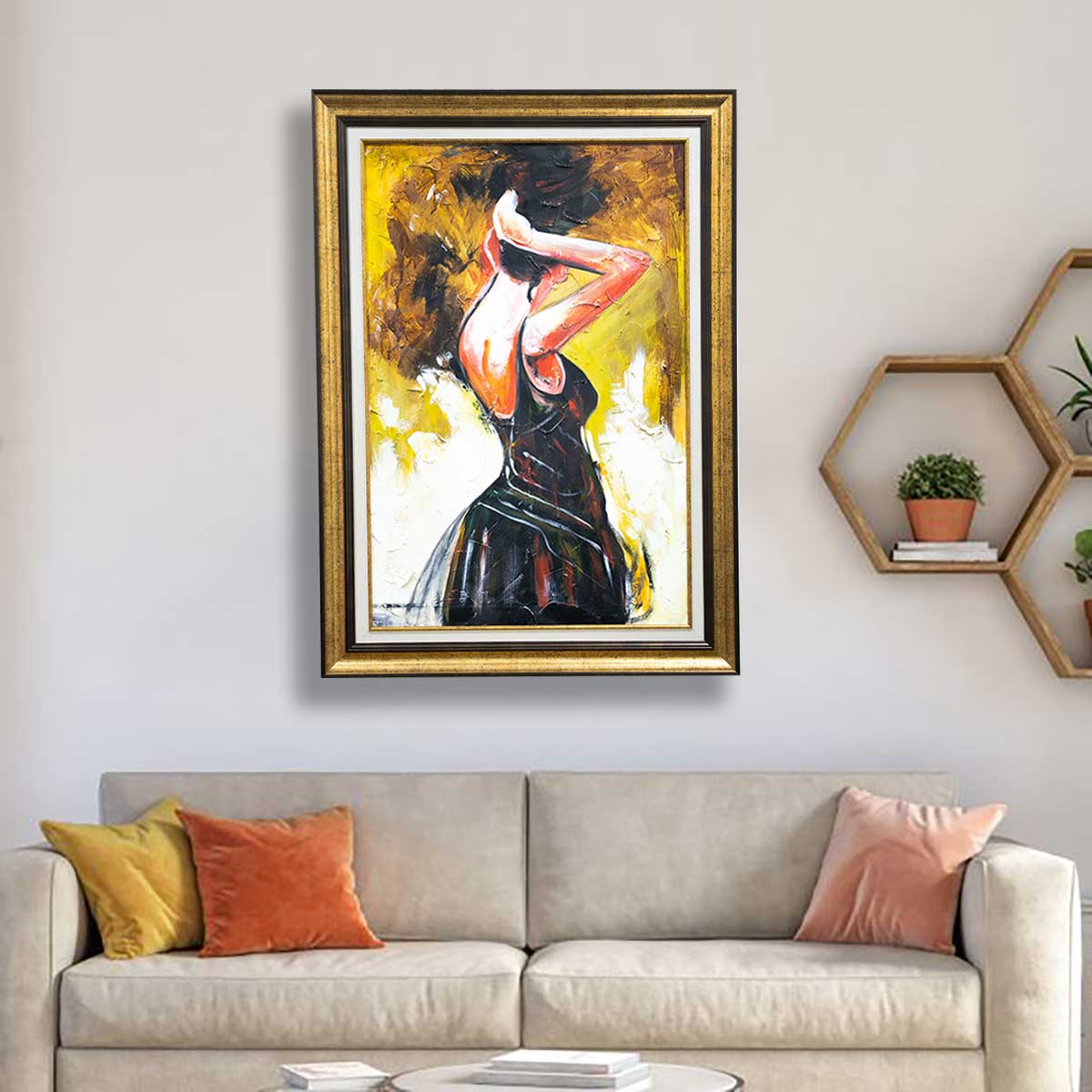 ACRYLIC ON CANVAS, ABSTRACT FIGURATIVE-PAINTING with Antique Gold Frame