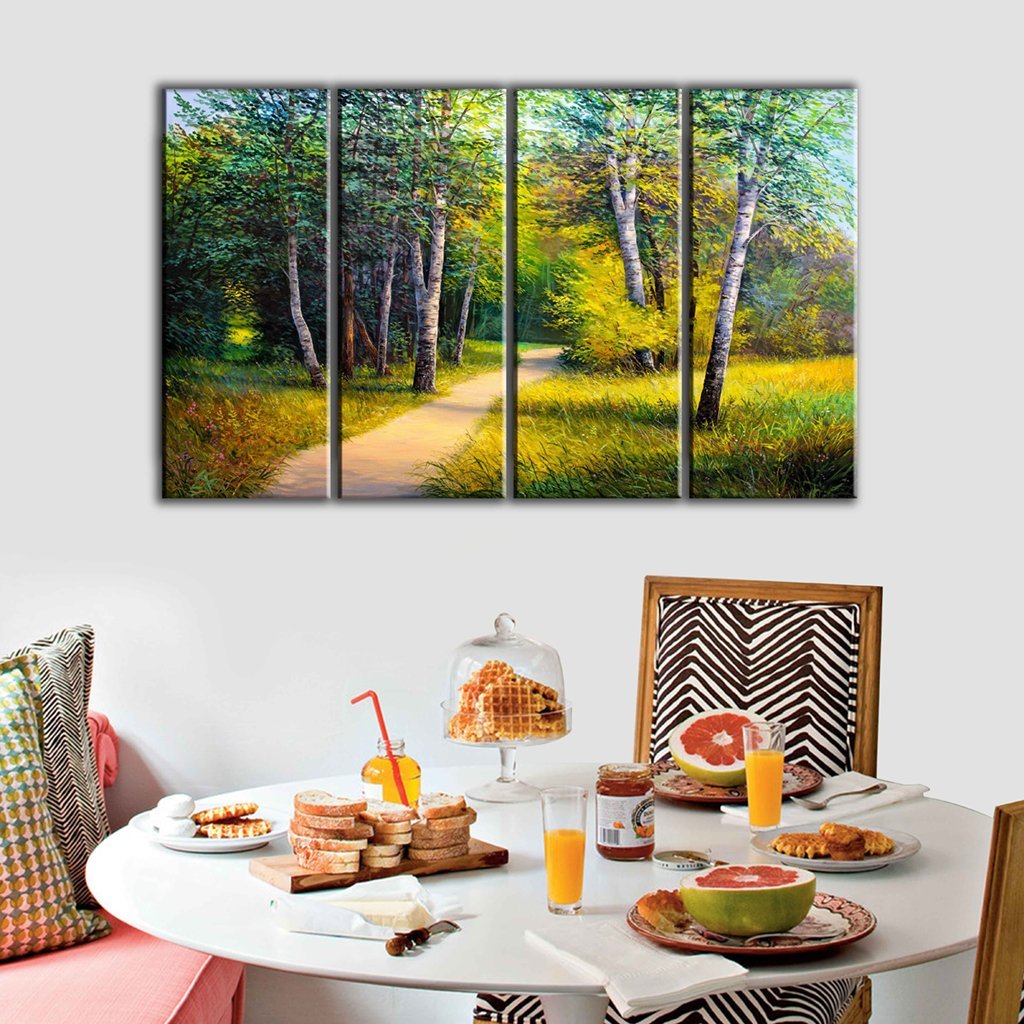 5 Panels Canvas set of forest landscape beautiful solar road in the woods in Oil painting Style