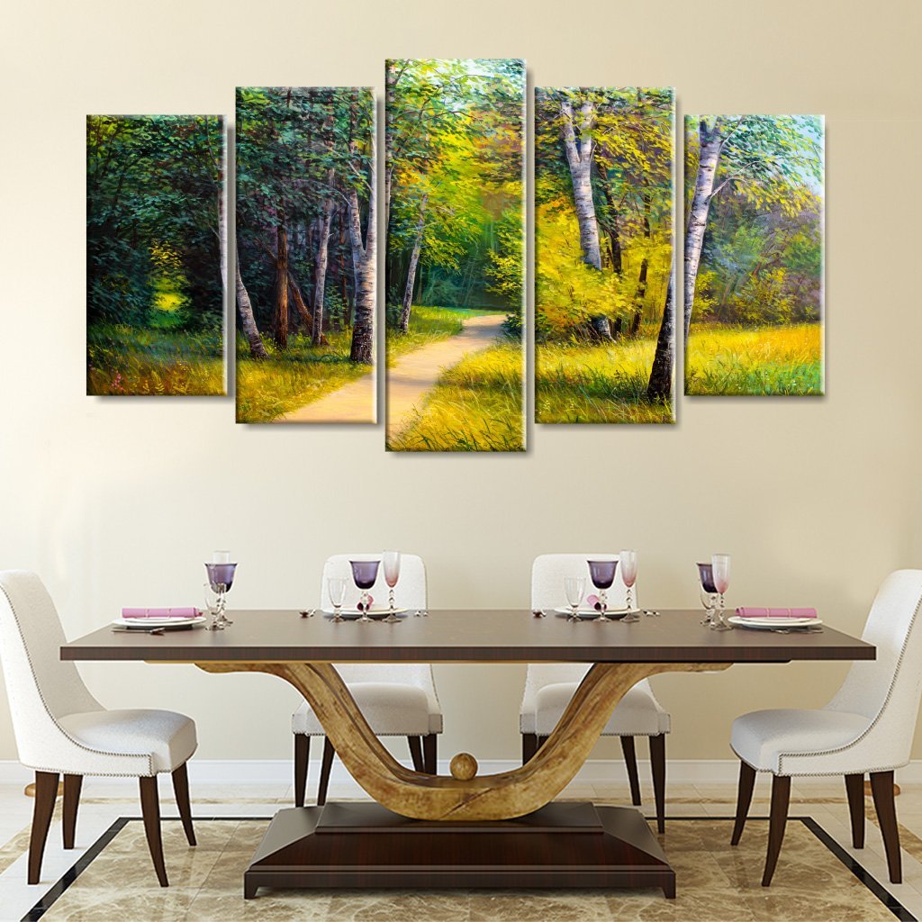 5 Panels Canvas set of forest landscape beautiful solar road in the woods in Oil painting Style