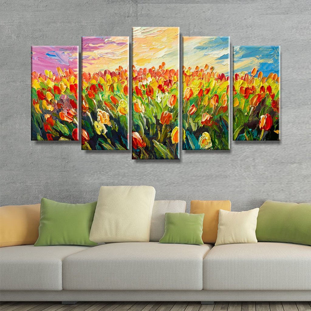 5 Panels Canvas set of Tulips on a background of beautiful sunrise