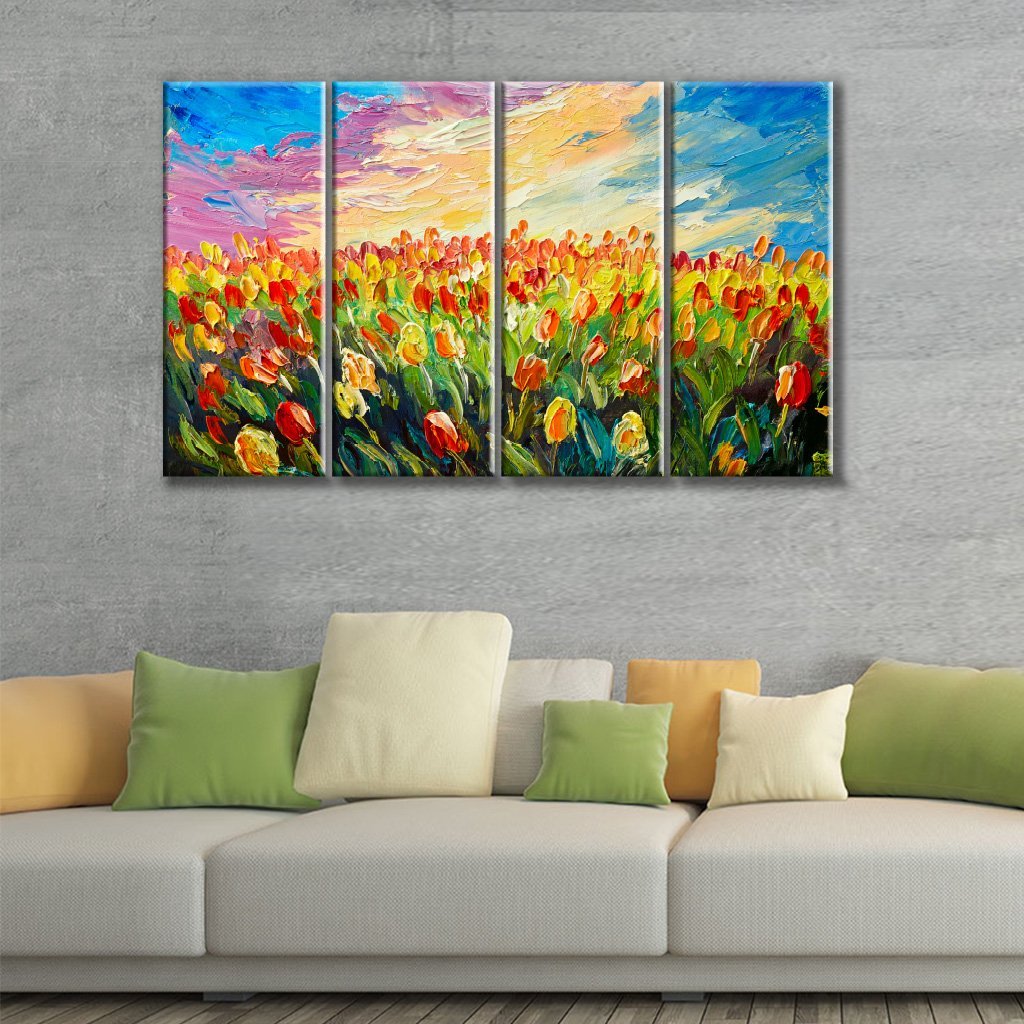 5 Panels Canvas set of Tulips on a background of beautiful sunrise