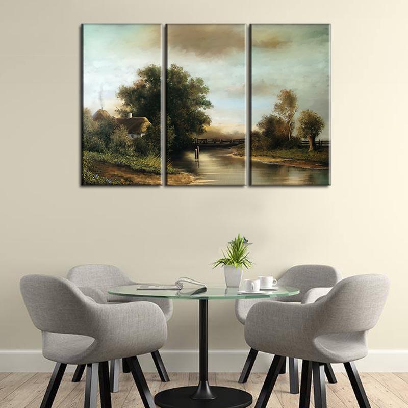 3 Panel Canvas set of oil rural landscape paintings, river, village   Copied