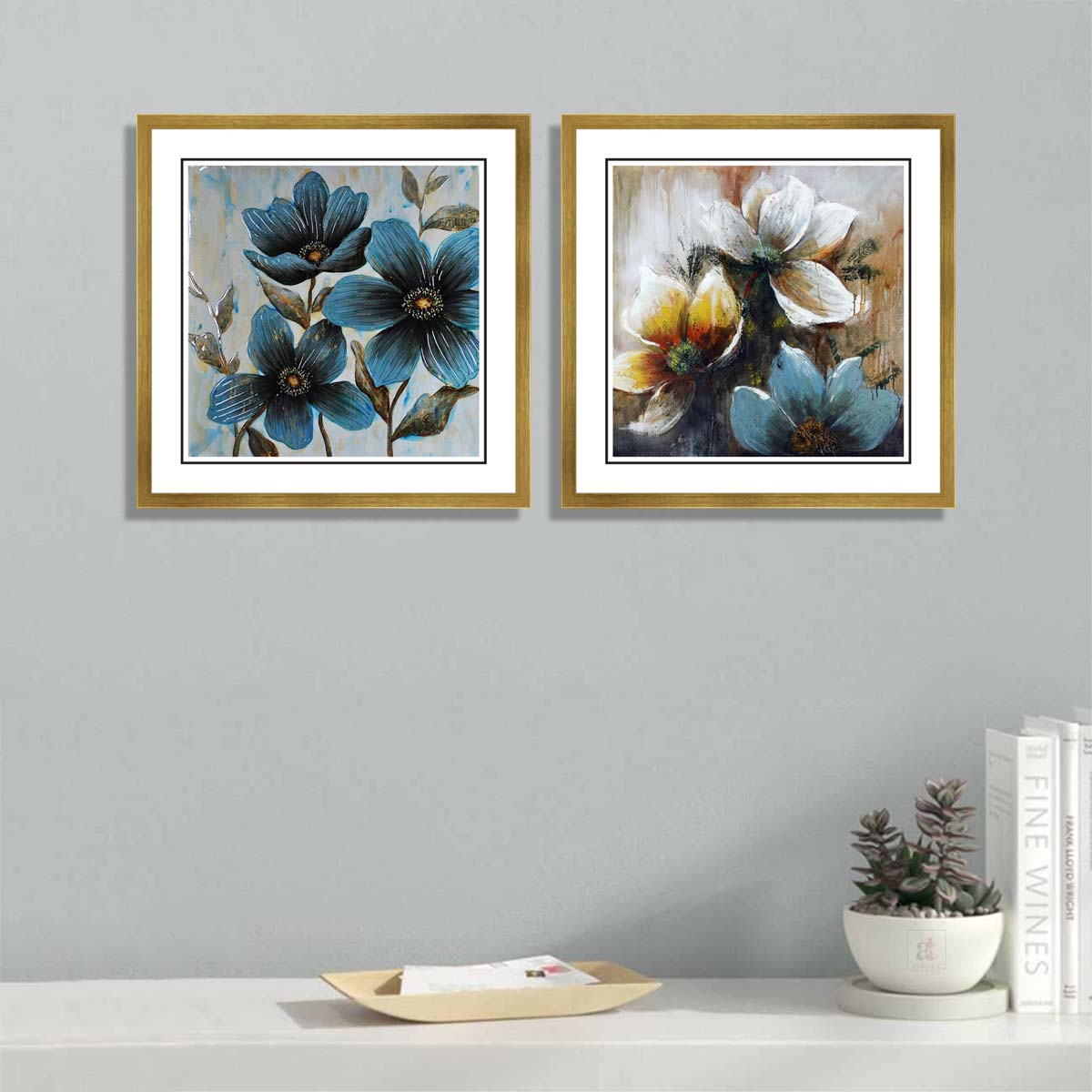 Pair of Floral Framed Art in Golden Frames