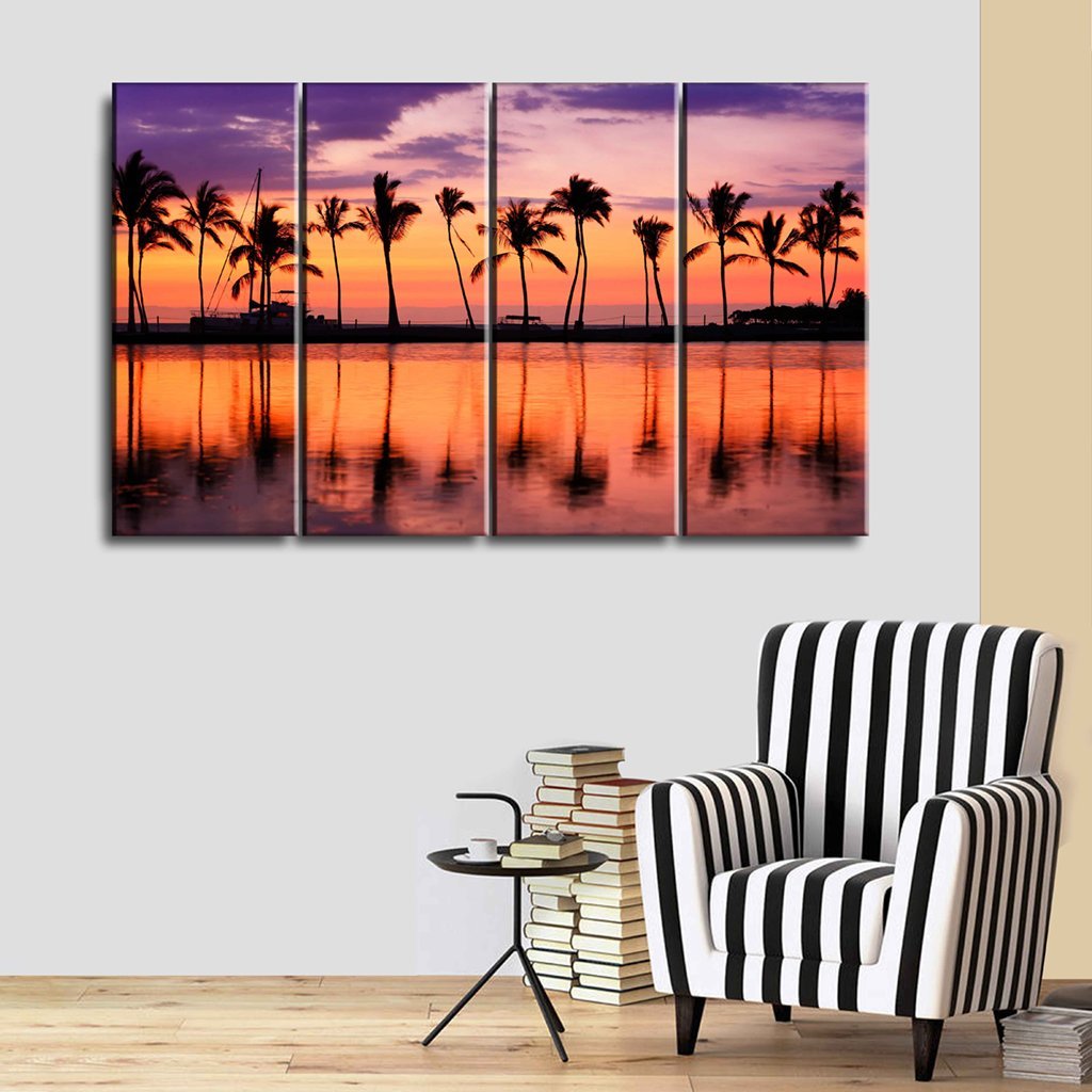 5 Panels Canvas set of Paradise beach sunset landscape with tropical palm trees