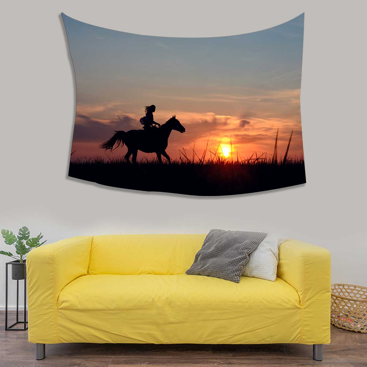 Romantic equine and girls silhouette on horse hiking with red rising sun on horizon