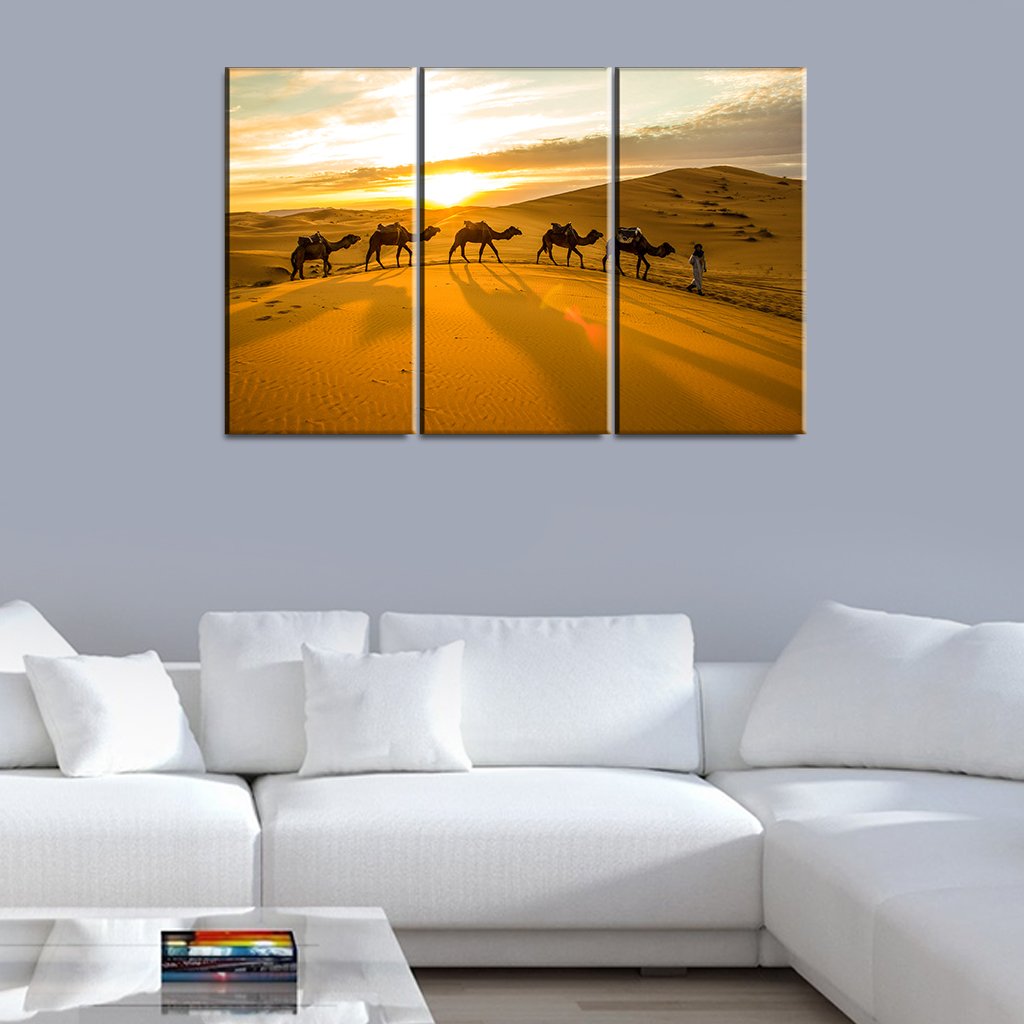 3 Panels Canvas Set Painting of Camels sunset