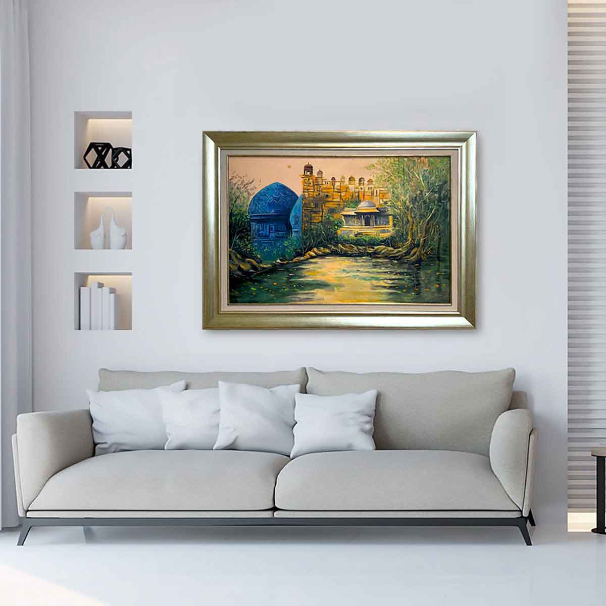 Historical Monuments Handmade oil Painting on Canvas with Italian style silverish Mould