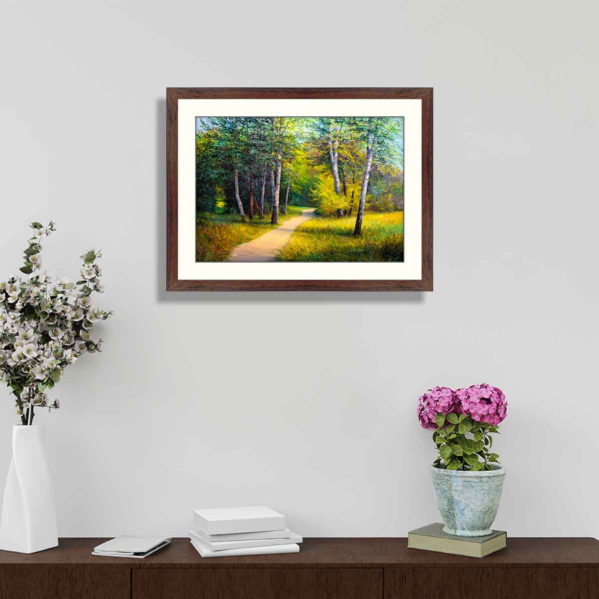 Forest landscape, beautiful solar road in the woods on canvas