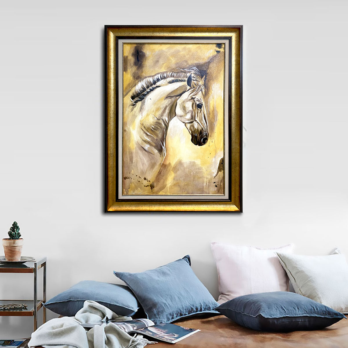 Horse-Painting- Handmade Oil painting on Canvas with Italian style Moulding