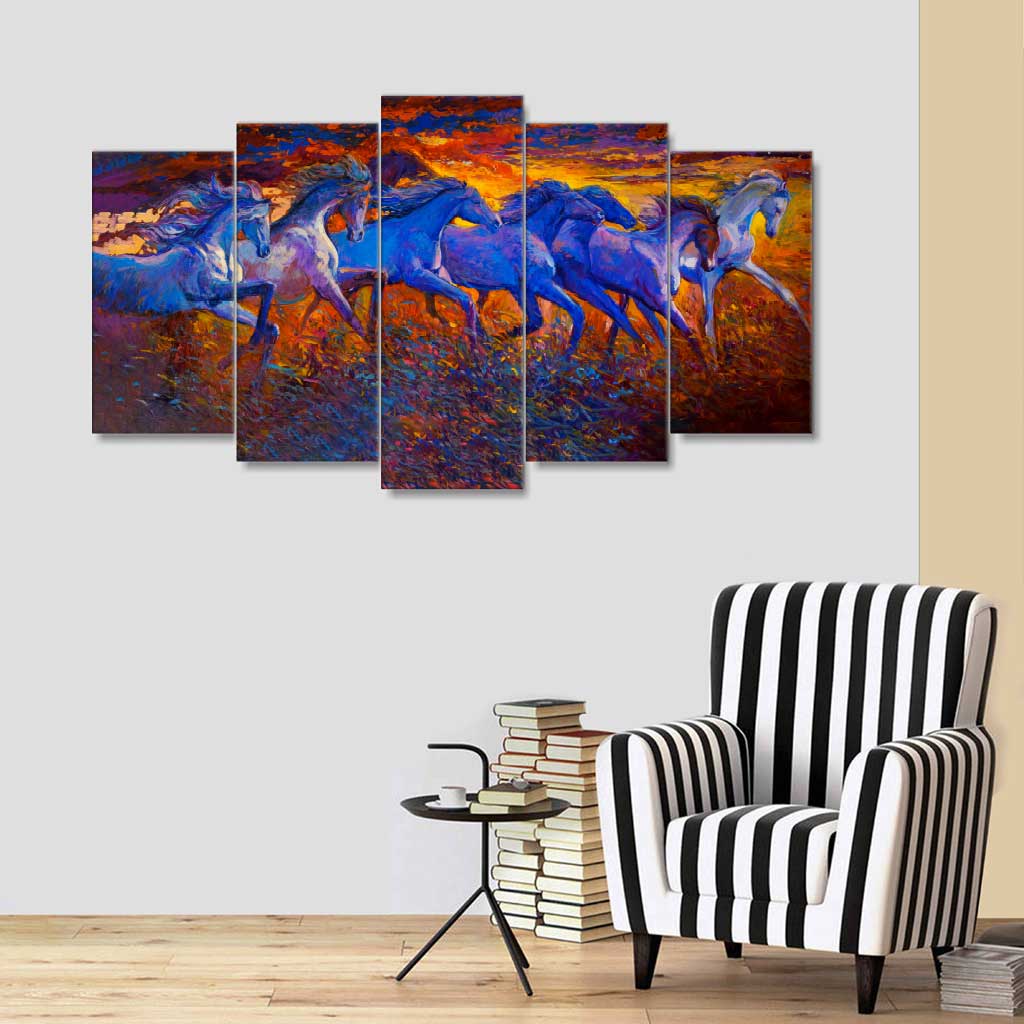 5 Panels Painting of Running-horses, Printed Size 36 x 24 inches