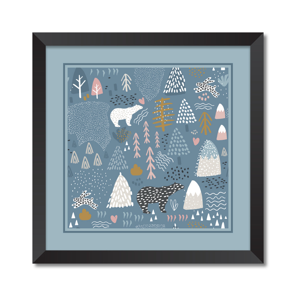 Seamless pattern with bunny,polar bear, forest elements and hand drawn shapes