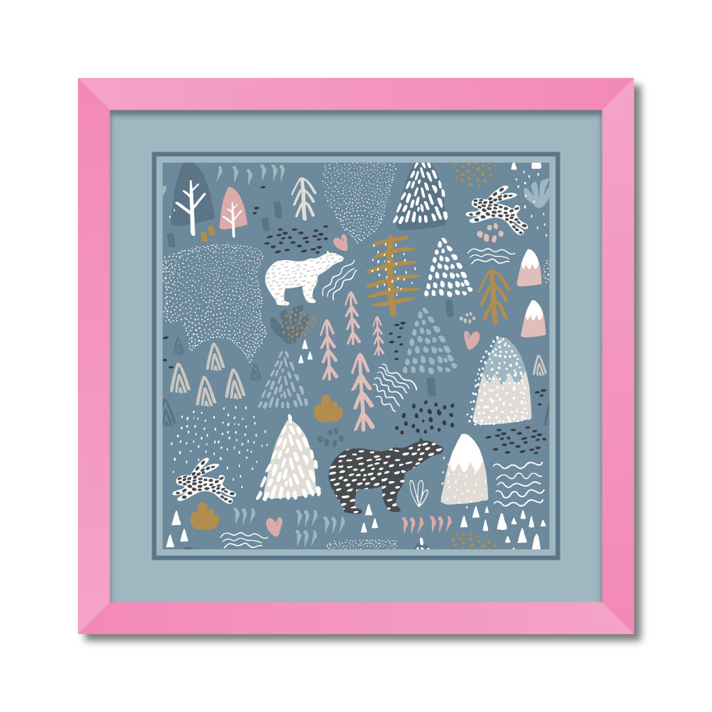 Seamless pattern with bunny,polar bear, forest elements and hand drawn shapes