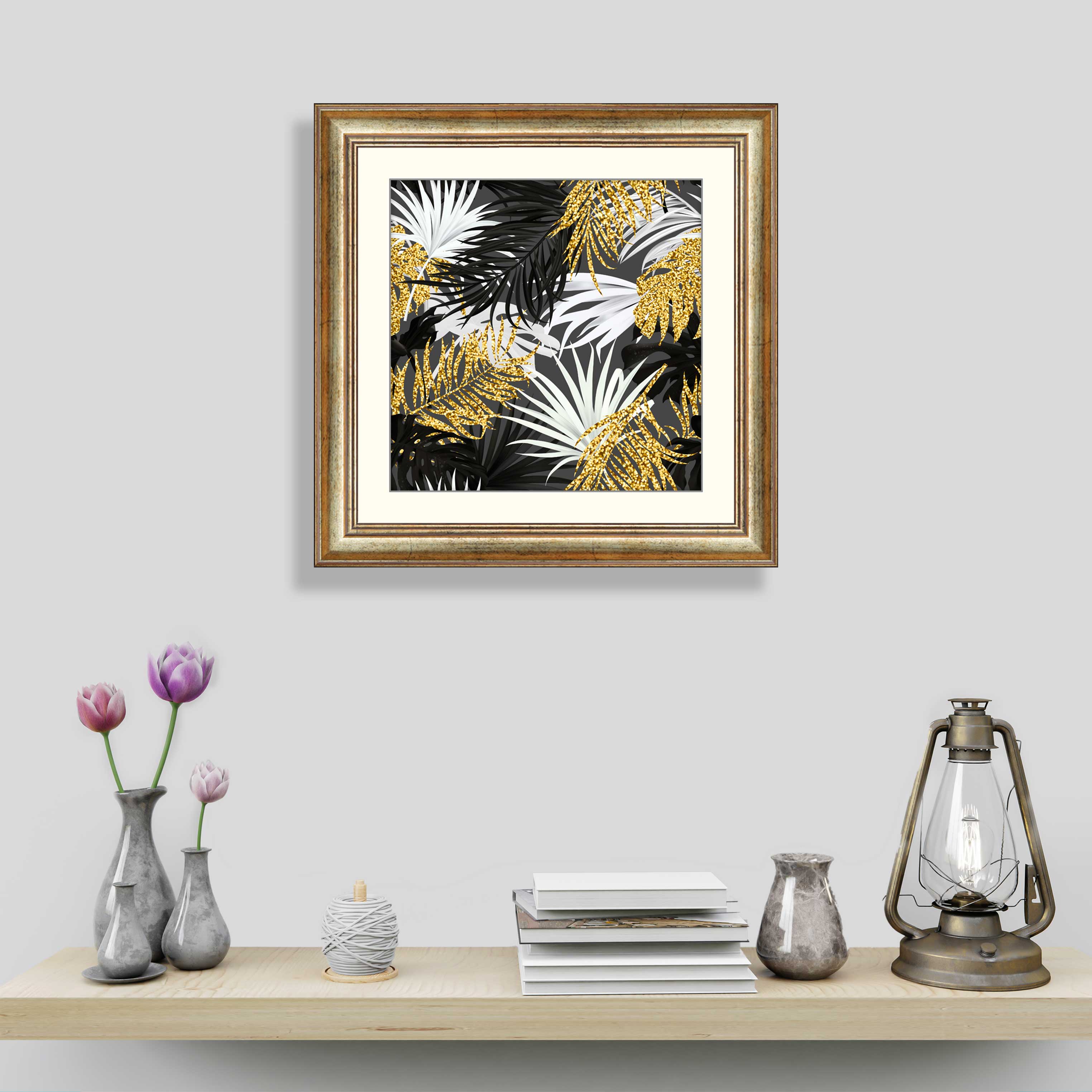 Seamless-summer-pattern-with-golden,white-and-black-tropical-plants