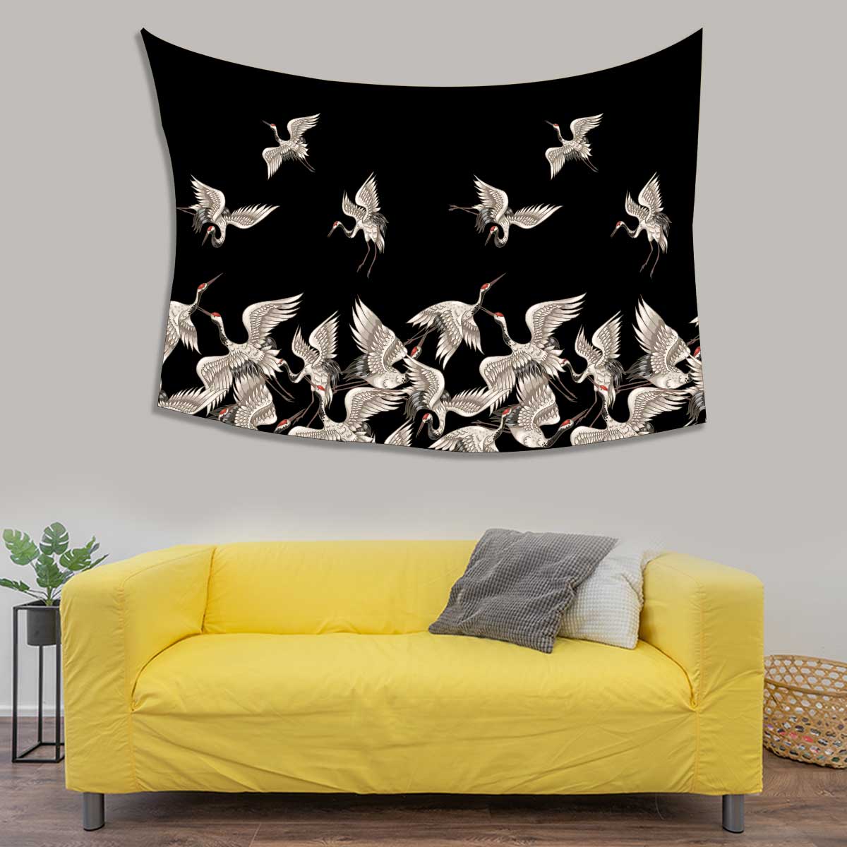 Seamless pattern with Japanese white cranes in different poses