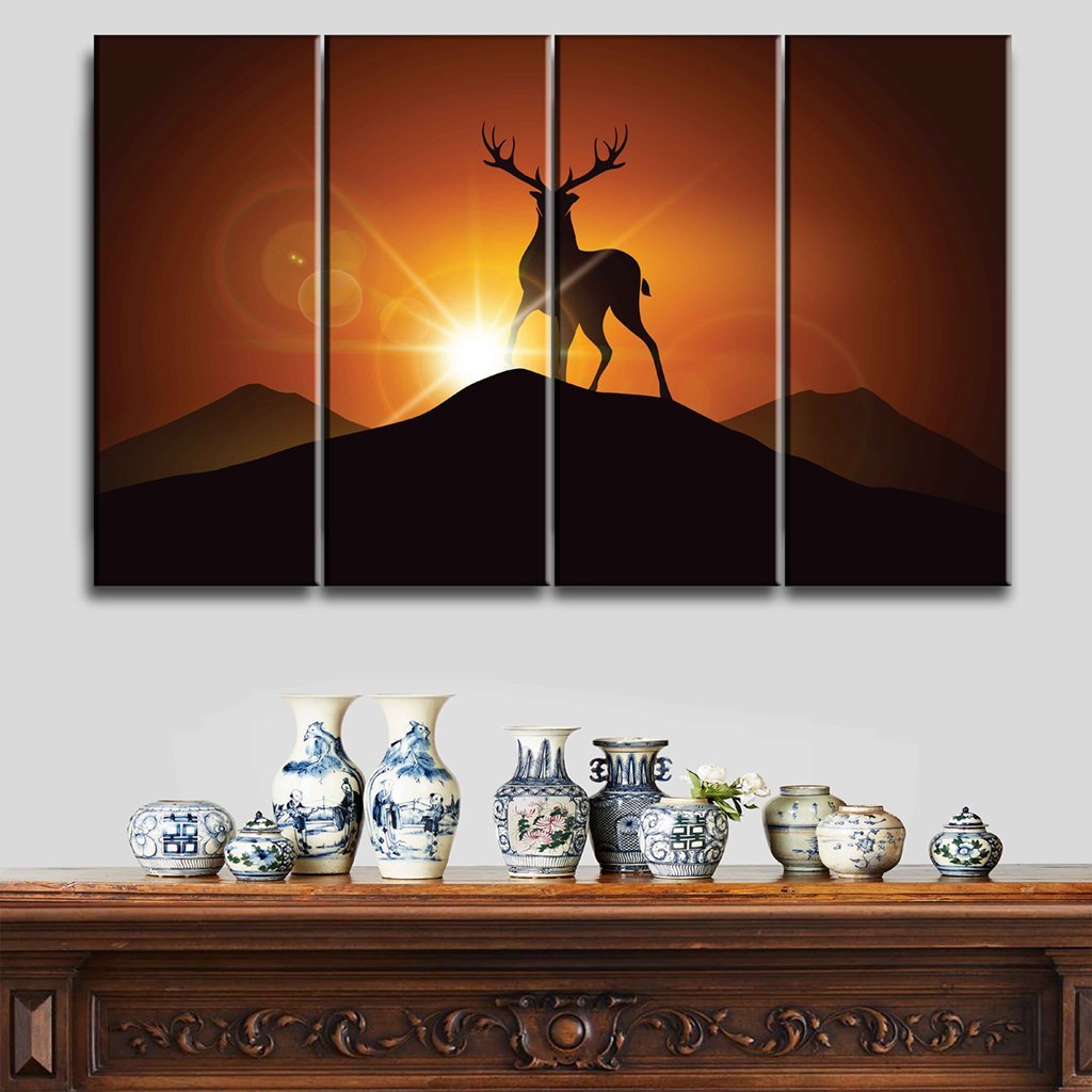 5 Panels Canvas set of Deer on a mountain peak against sunset landscape.