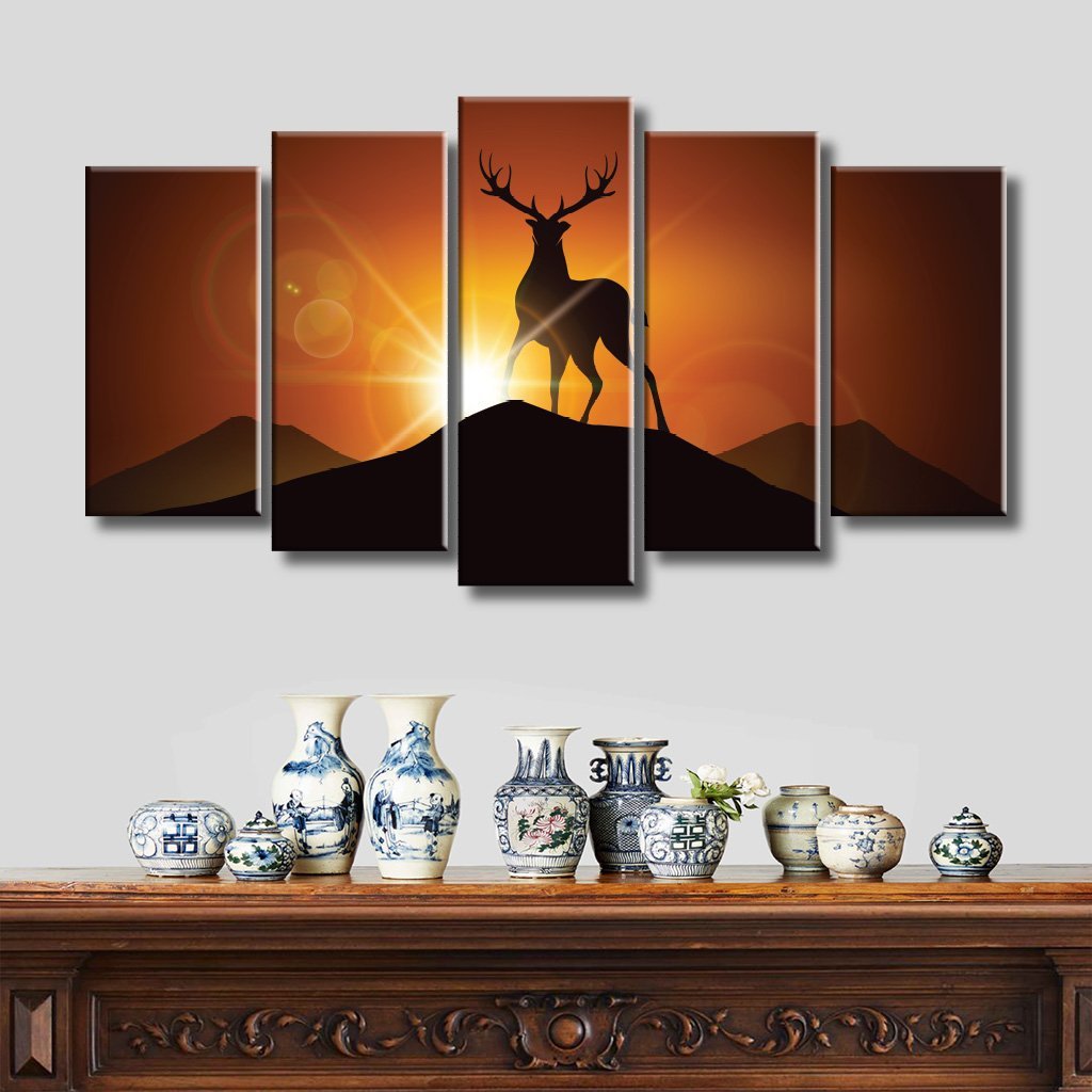 5 Panels Canvas set of Deer on a mountain peak against sunset landscape.