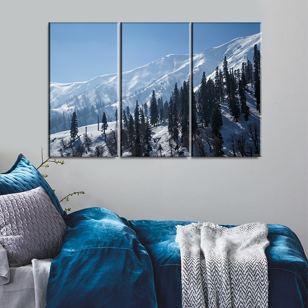 4 Panel Canvas Set of Snow-Covered-Himalayan-Mountains-with-pine-Trees-in-Gulmarg