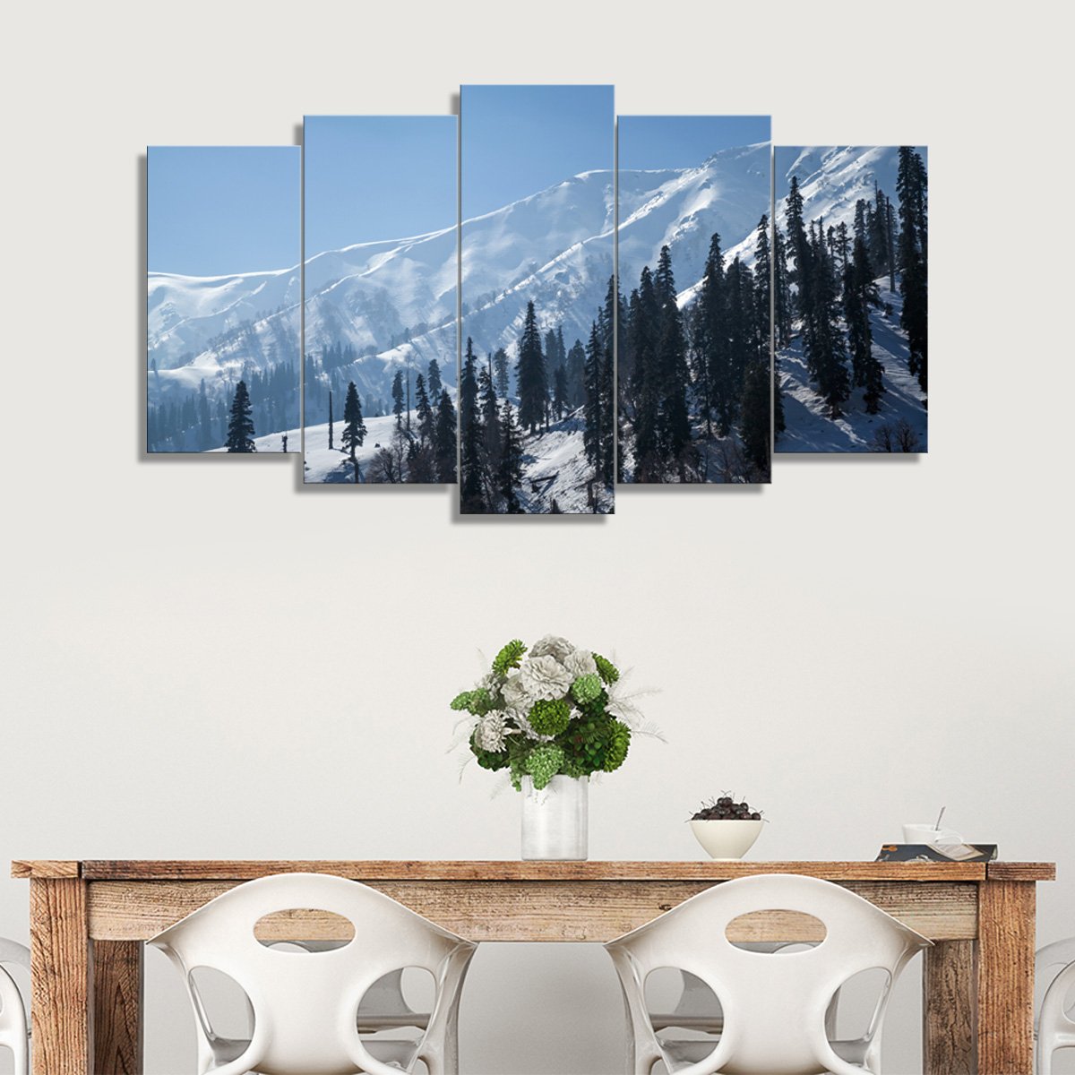 5 Panels Canvas set of Snow-Covered-Himalayan-Mountains-with-pine-Trees-in-Gulmarg