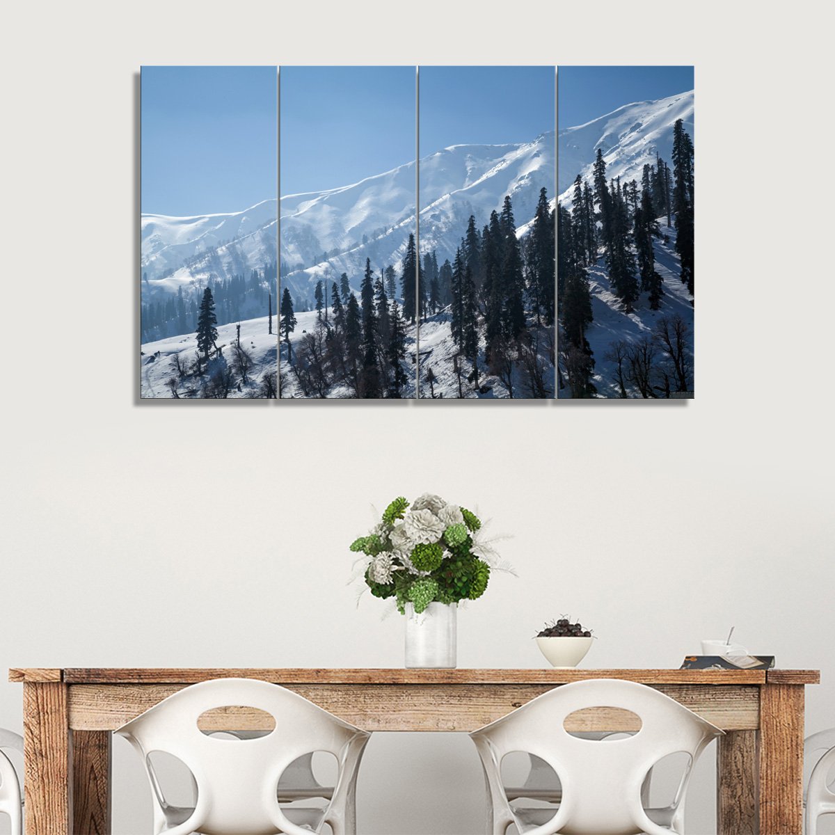 4 Panel Canvas Set of Snow-Covered-Himalayan-Mountains-with-pine-Trees-in-Gulmarg