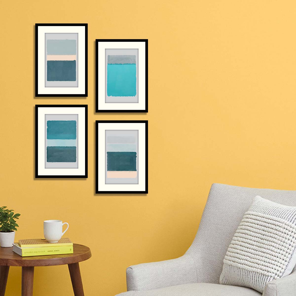 Set of 4 Abstract Framed Art with Blend of Blue & Grey colours tone in black frame