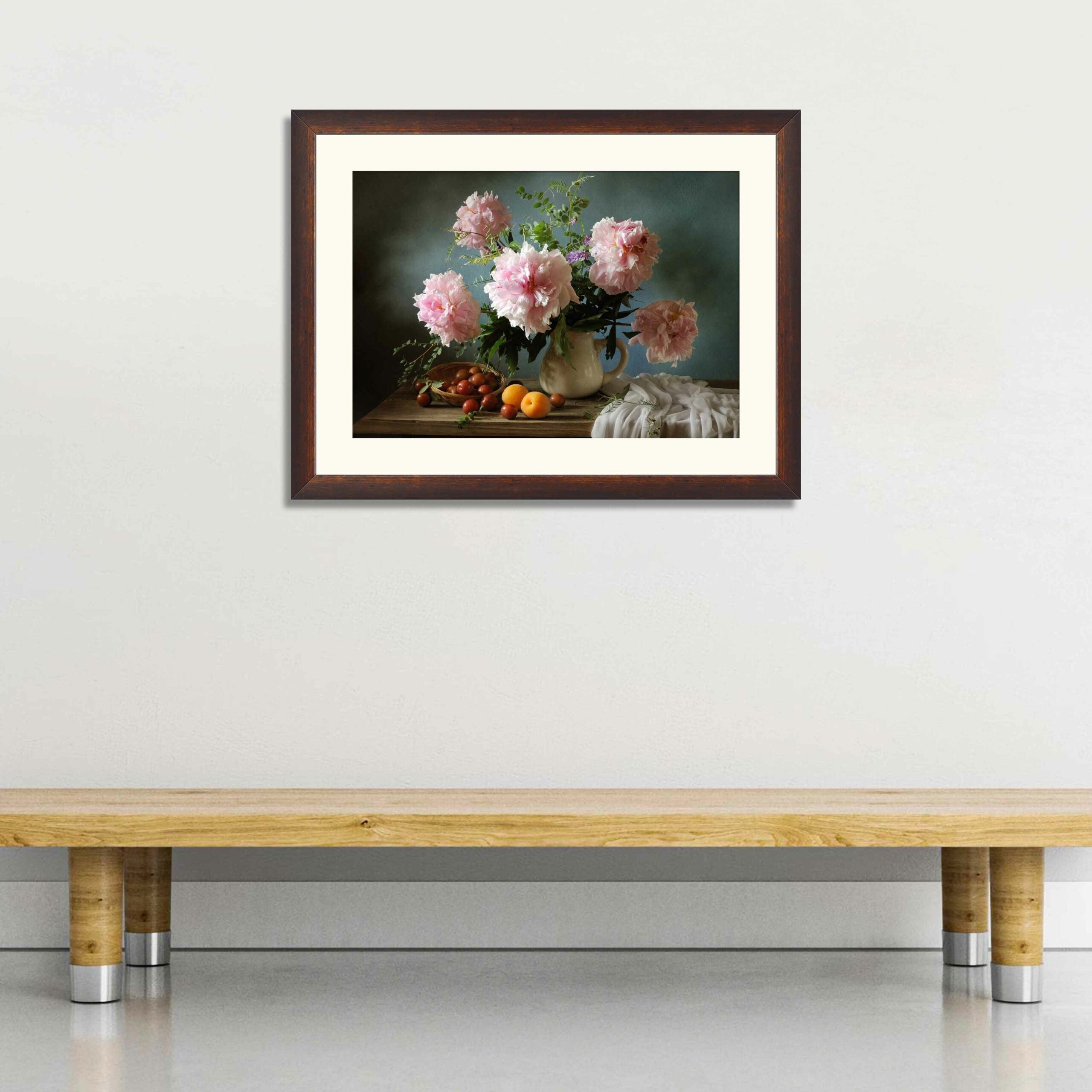 Still life with pink peonies and apricots