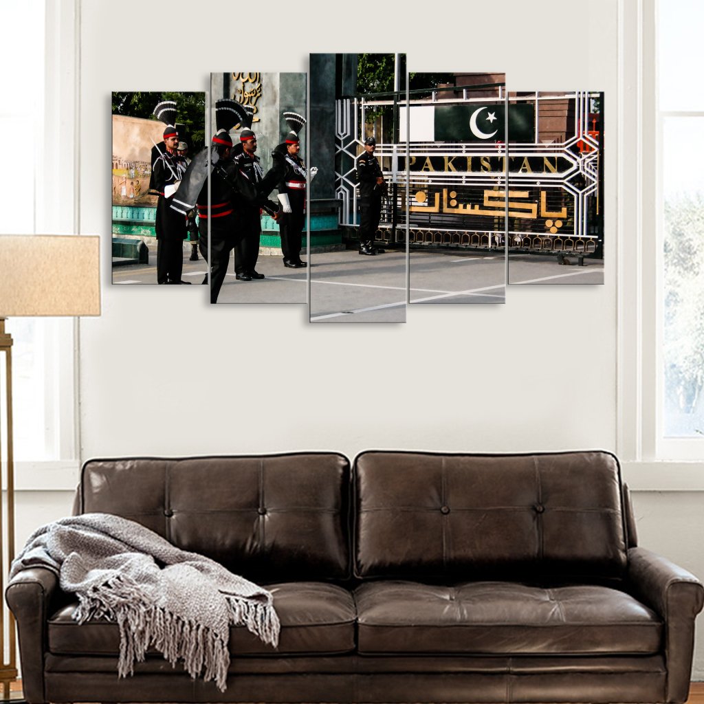 5 Panels Canvas set of The-marching-Pakistani-guards-in-national-uniform-at-the-ceremony-of-lowering-the-flags