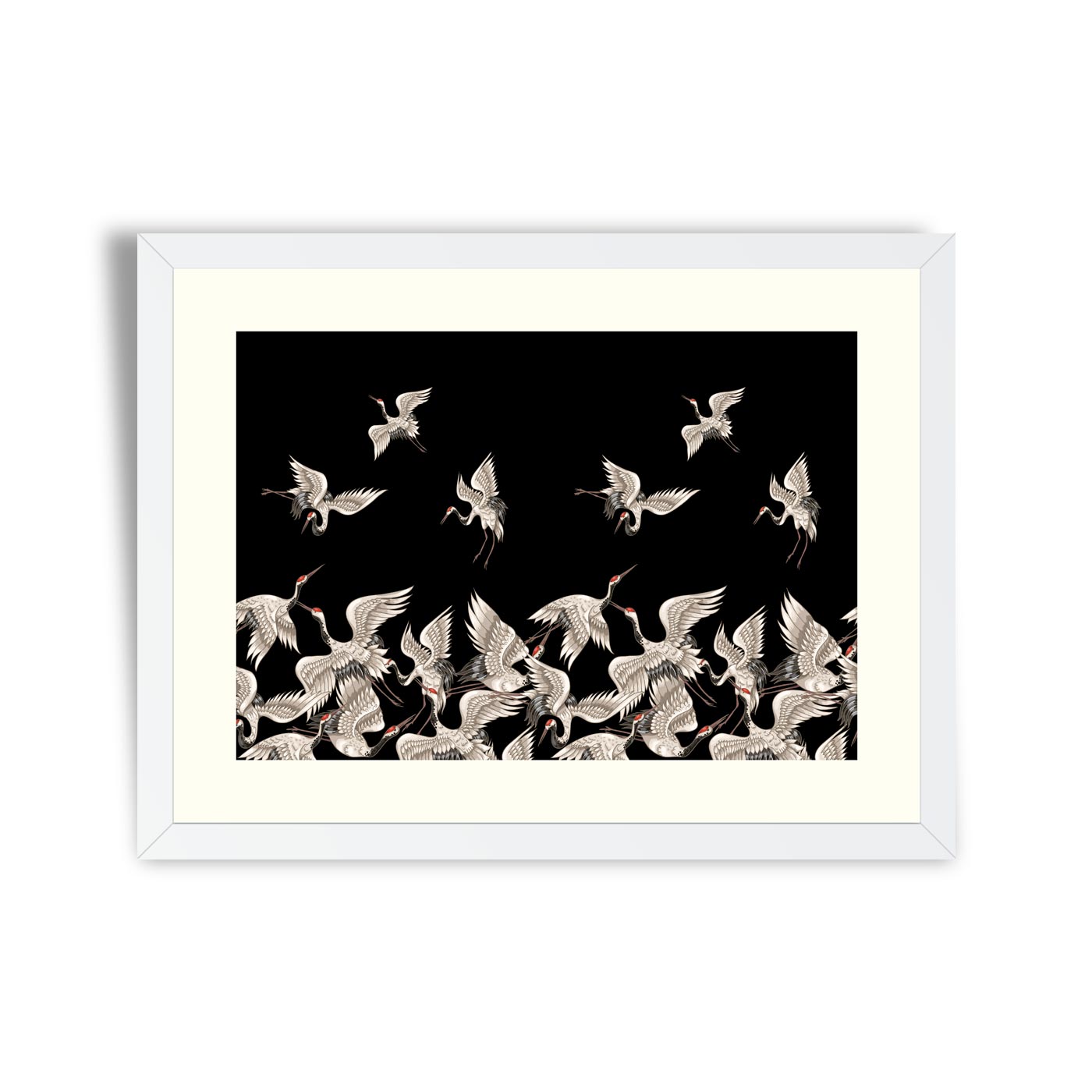 Seamless pattern with Japanese white cranes in different poses