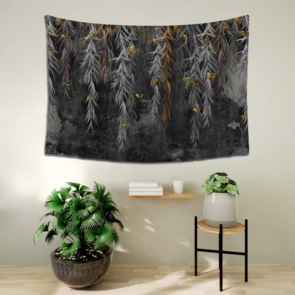 Willow-branches-with-gold-butterflies-on-a-dark-concrete-grunge-wall