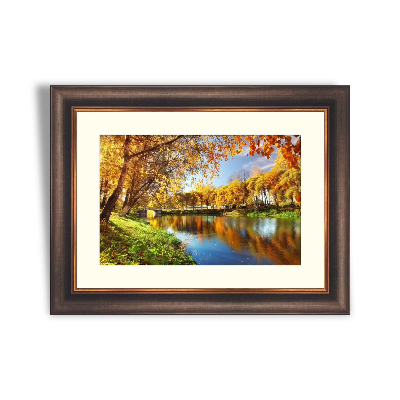 Pond in autumn, yellow leaves, reflection